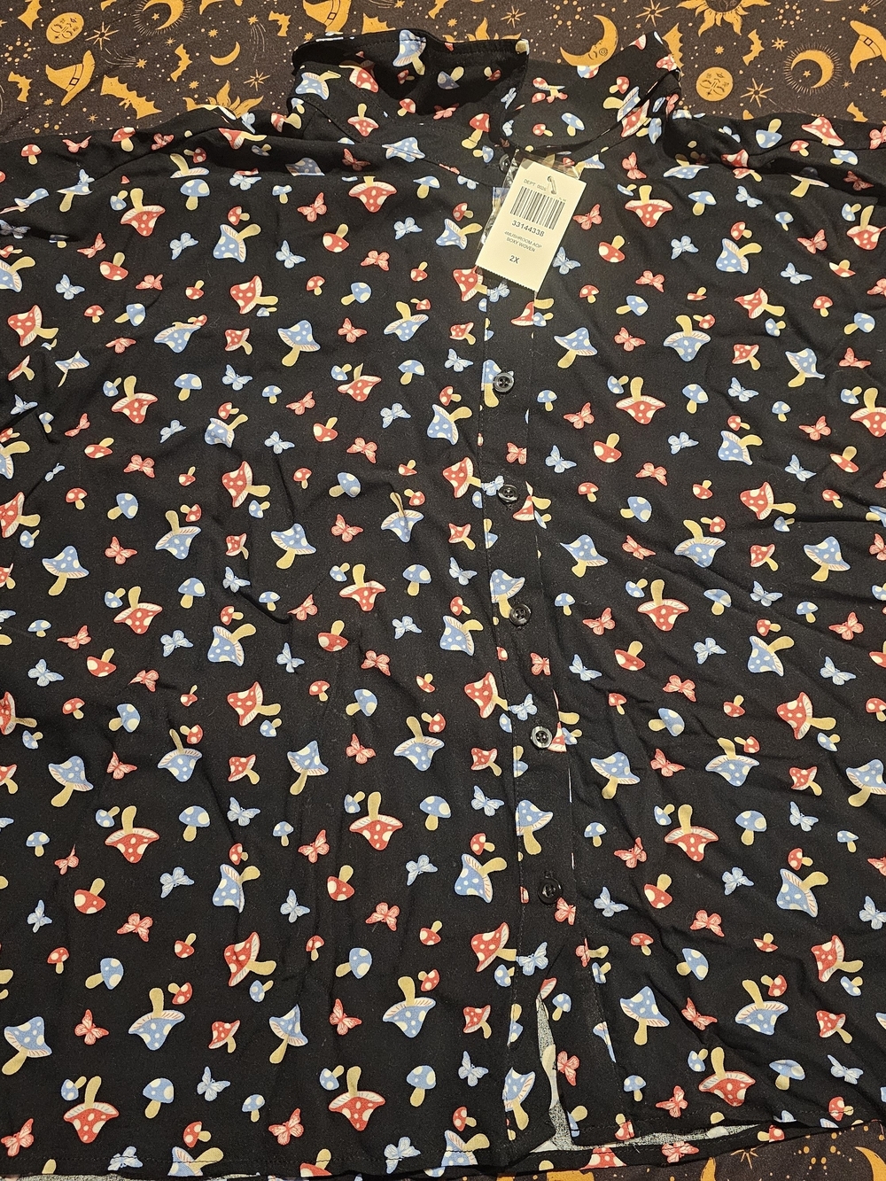 Womens Mushroom-Print Top - Black with Red & Blue Mushrooms